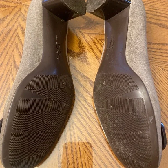 Salvatore Ferragamo Gray Suede Heels with Brown Accents - Picture 4 of 5
